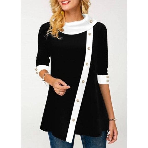 Vintage-Style Black & White Asymmetric Tunic top with pearl button detail size M - Picture 1 of 6